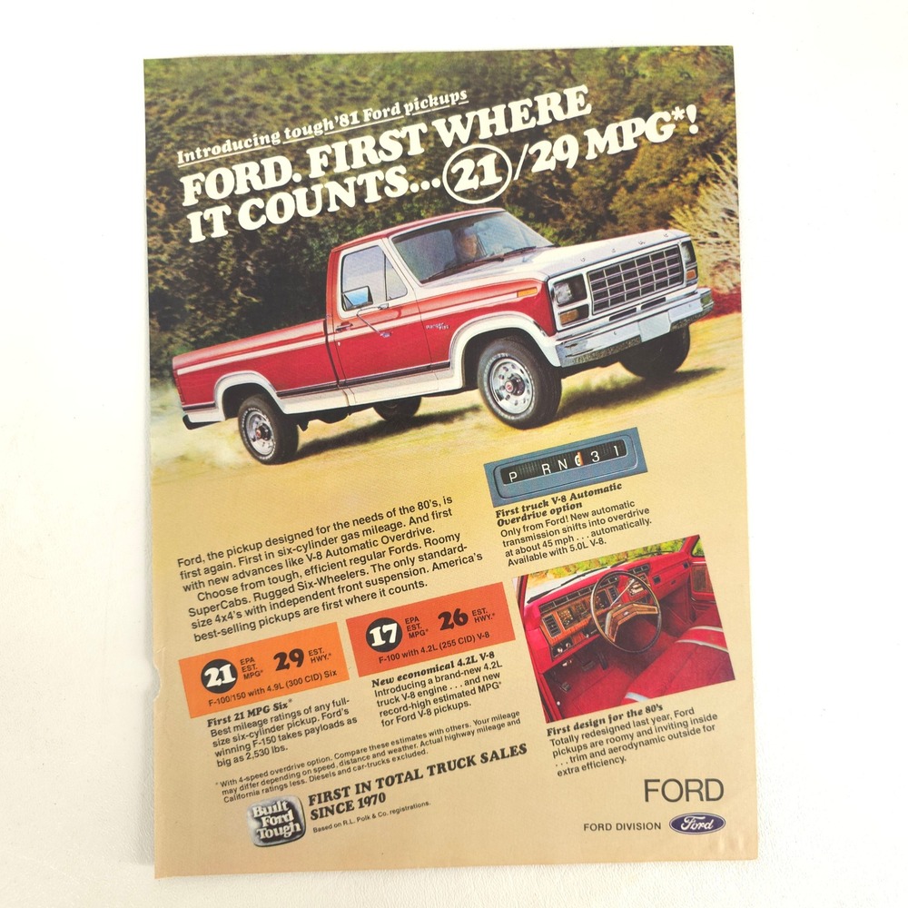 1981 Ford F-Series Pickup Print Ad Vintage Truck F100 F150 Garage Wall Art Decor